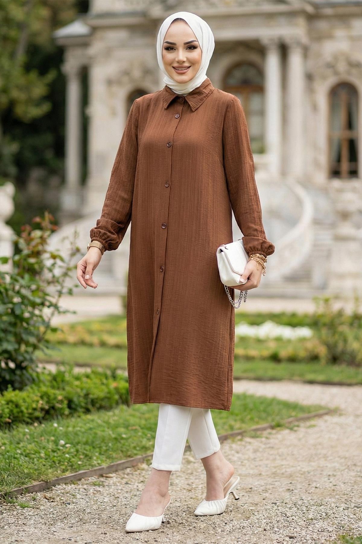 Uzun Düğmeli Tunik Kahverengi HM262109
