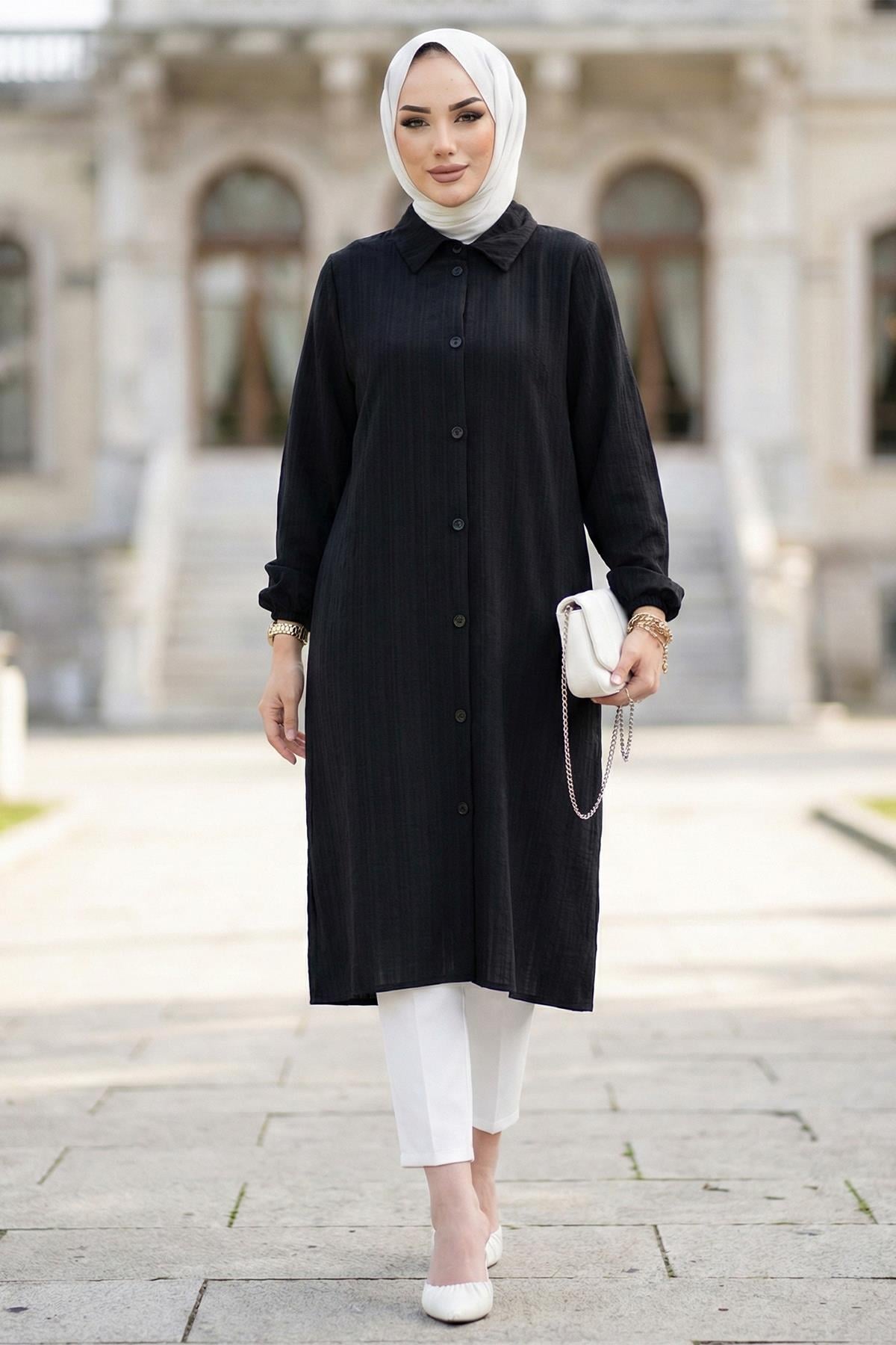 Uzun Düğmeli Tunik Siyah HM262109