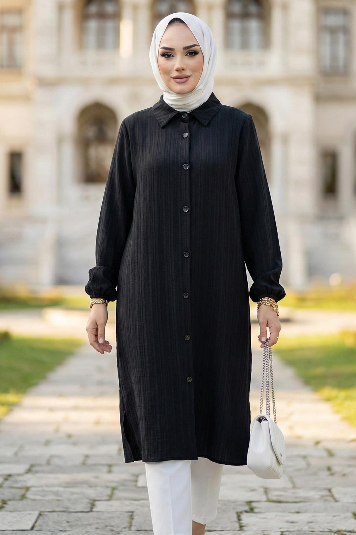 Uzun Düğmeli Tunik Siyah HM262109