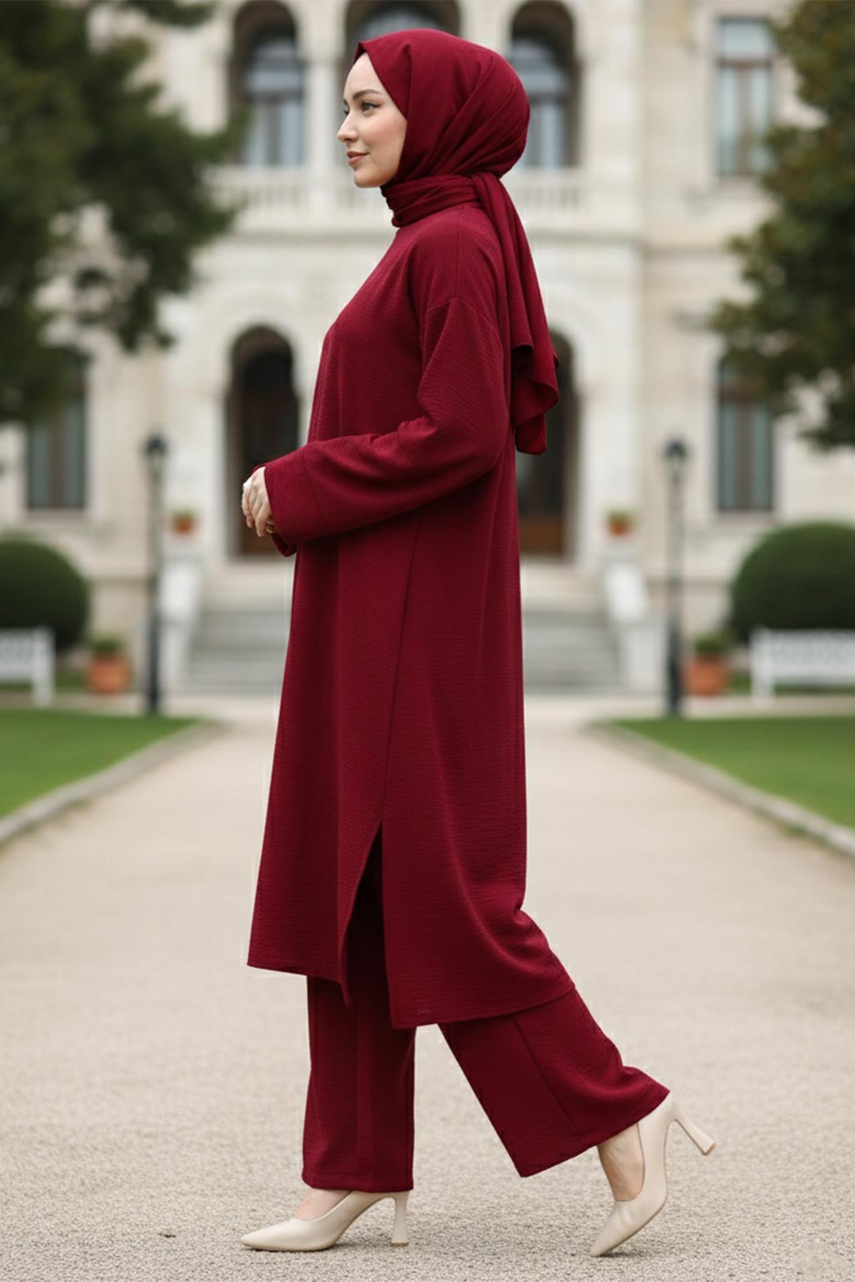 Uzun Tunikli Ayrobin Takım Bordo HM2770