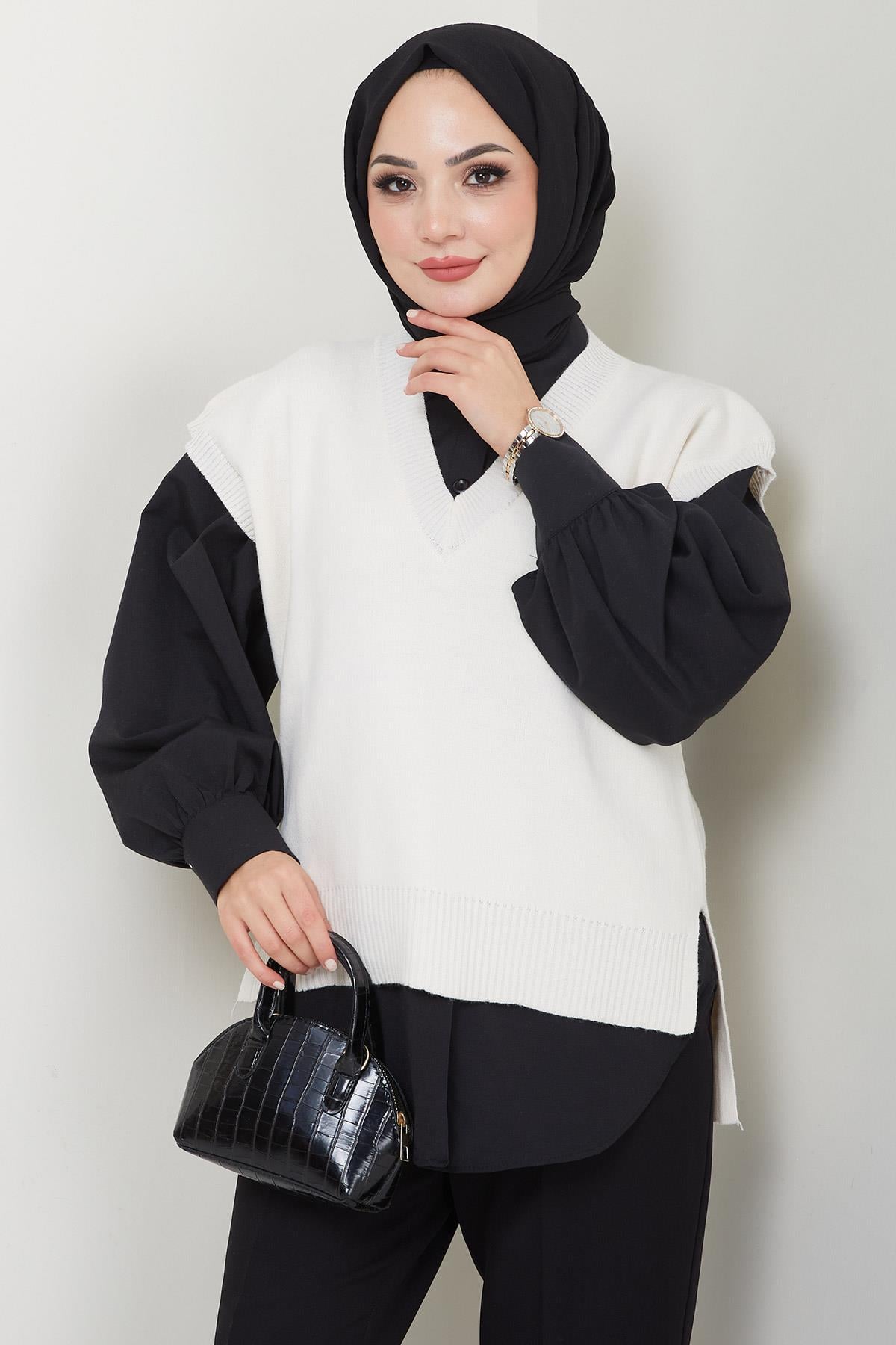 V Yaka Triko Süveter Krem HM2635