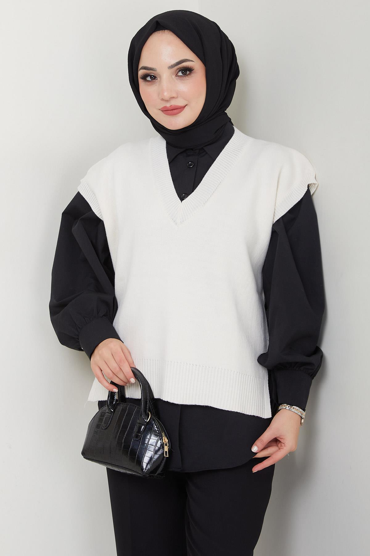 V Yaka Triko Süveter Krem HM2635