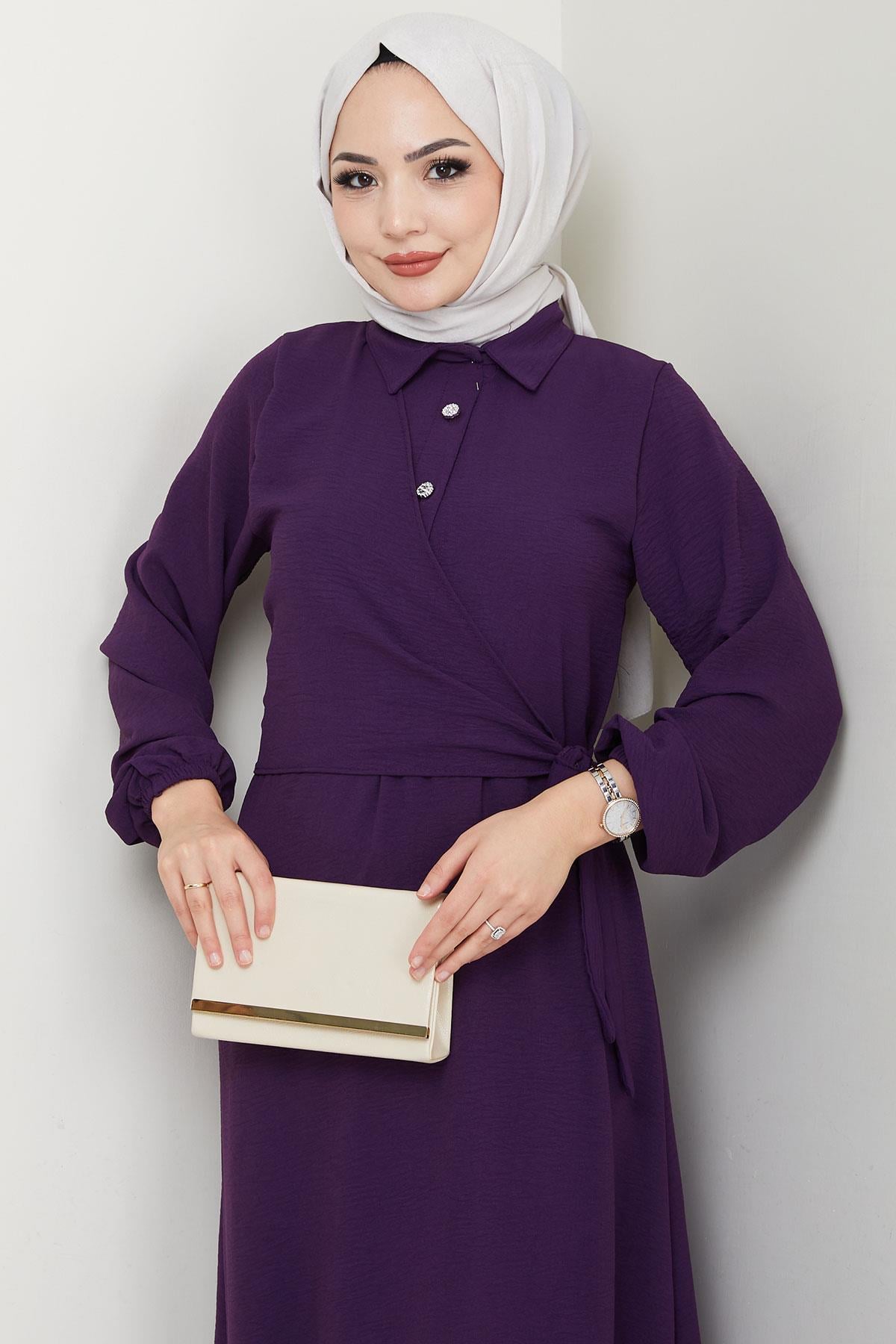 Yandan Bağlamalı Ayrobin Elbise Mor HM2729
