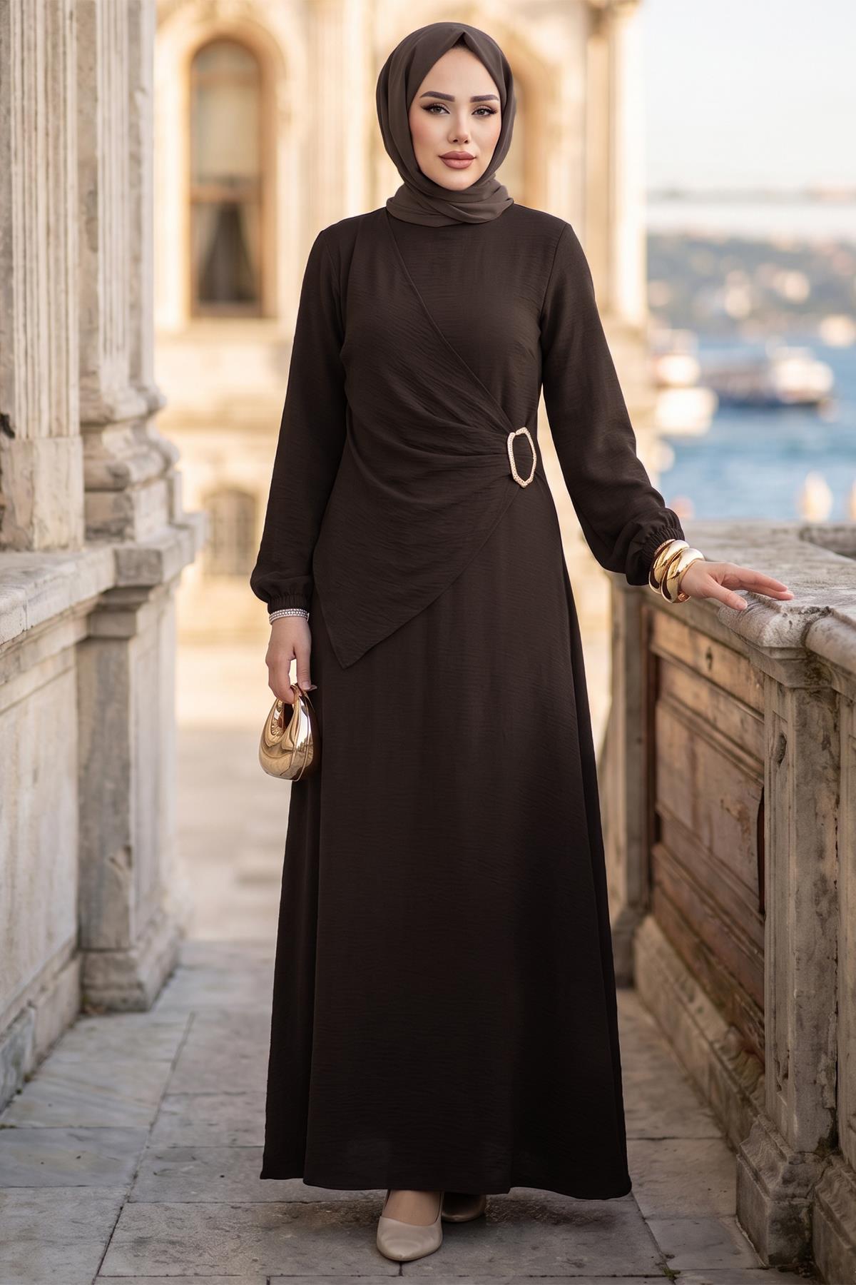 Yandan Tokalı Ayrobin Elbise Acı Kahve HM2914