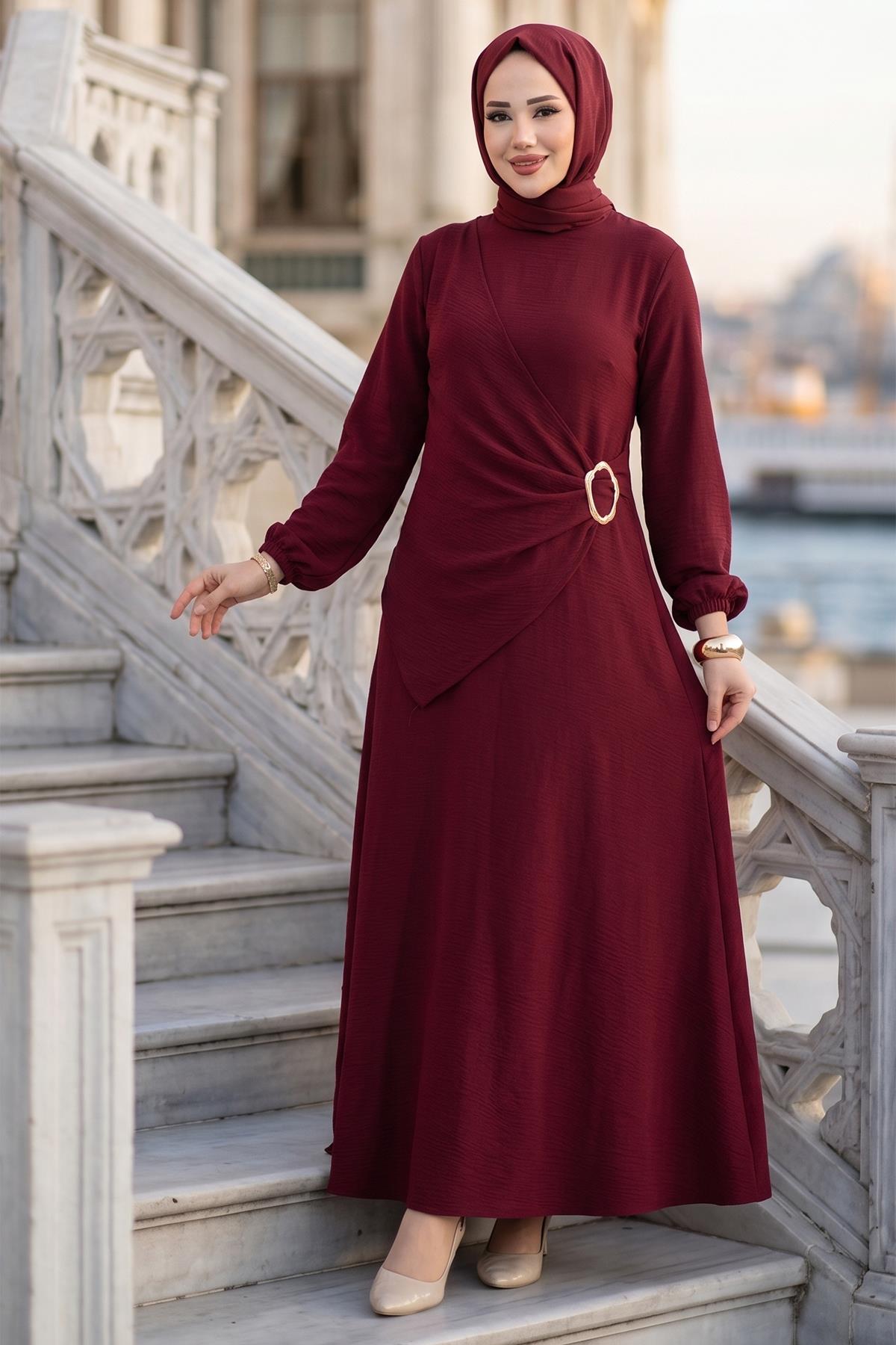 Yandan Tokalı Ayrobin Elbise Bordo HM2914