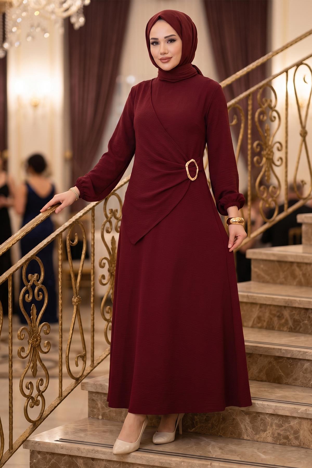 Yandan Tokalı Ayrobin Elbise Bordo HM2914
