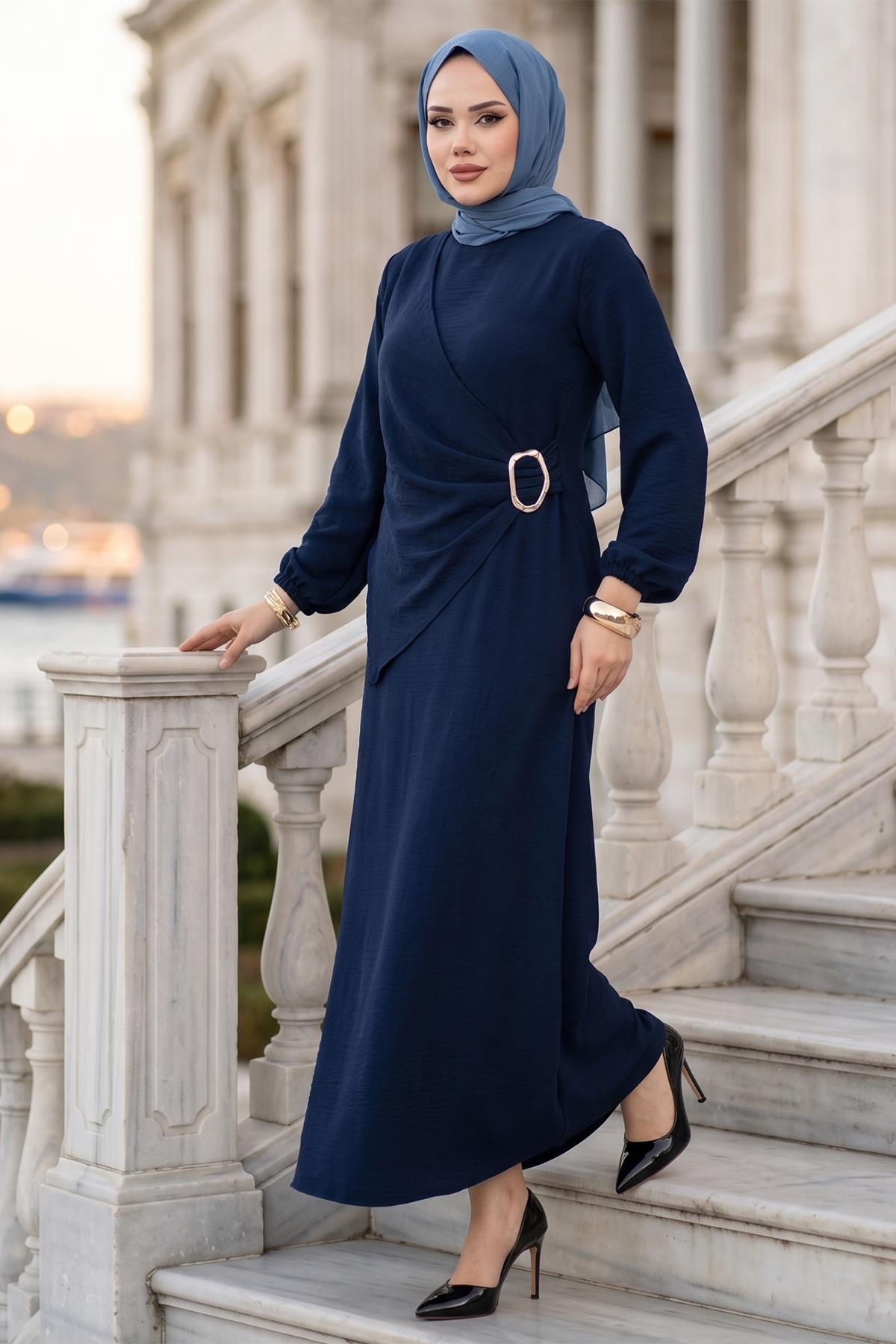 Yandan Tokalı Ayrobin Elbise Lacivert HM2914