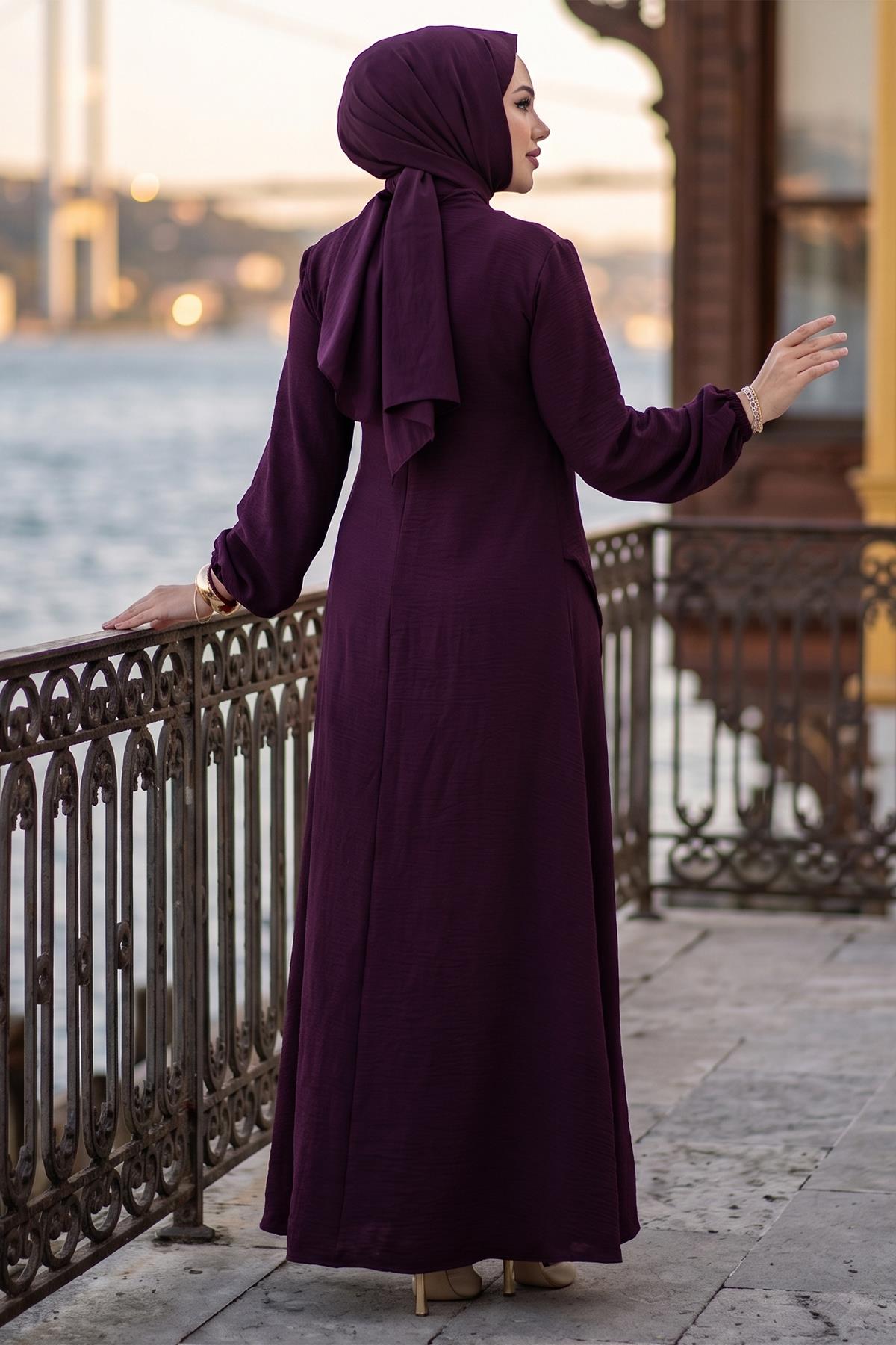 Yandan Tokalı Ayrobin Elbise Mürdüm HM2914