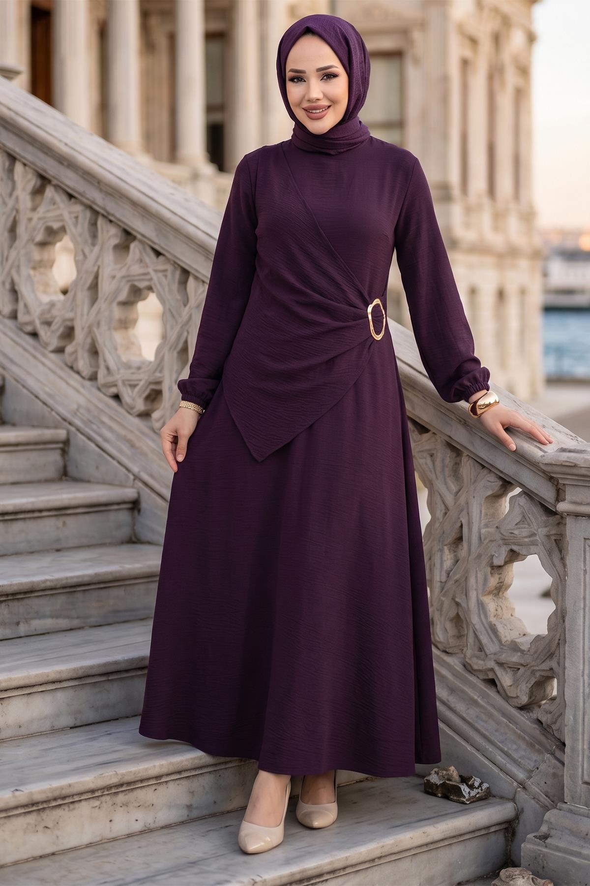 Yandan Tokalı Ayrobin Elbise Mürdüm HM2914