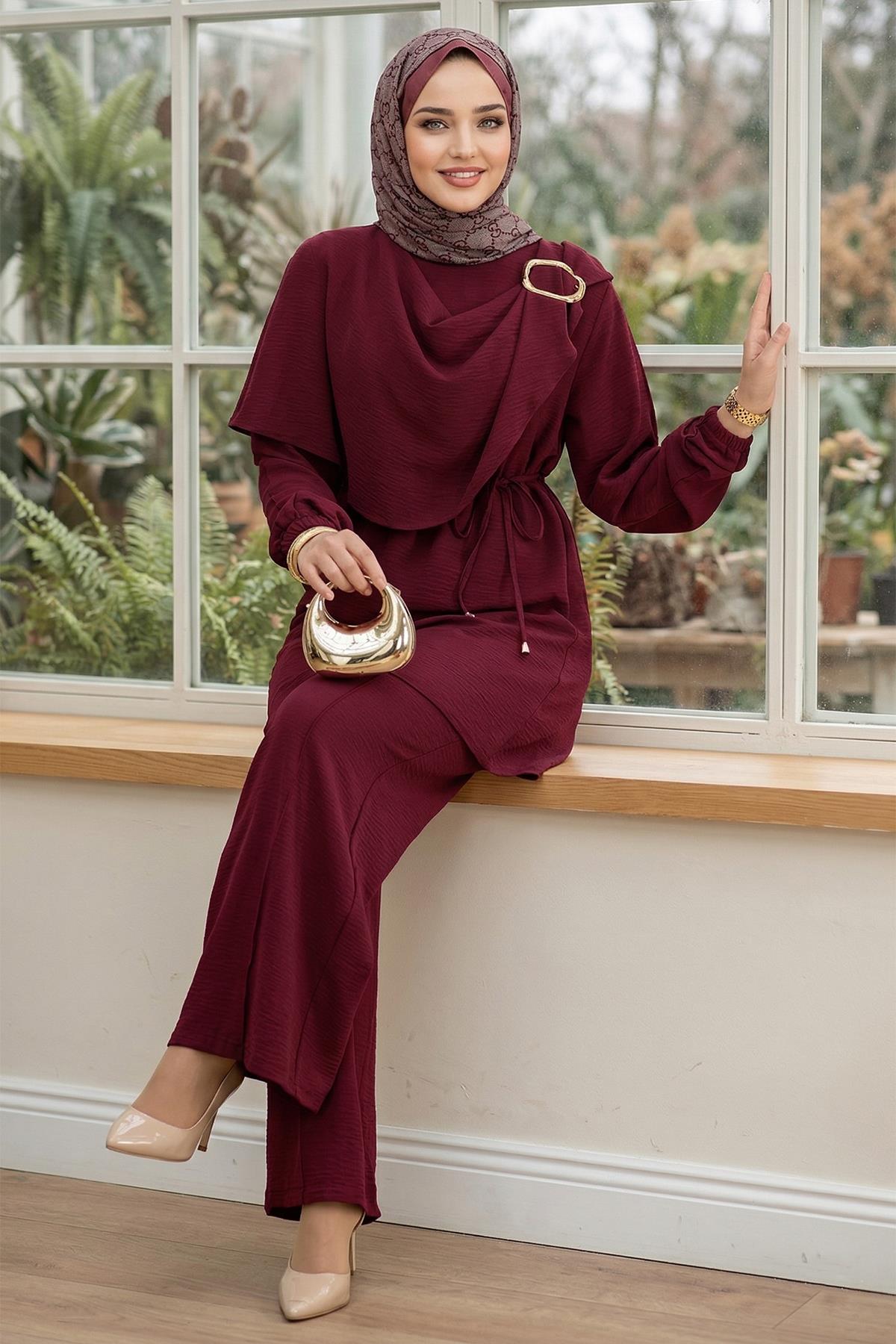 Yandan Tokalı Pantolonlu Ayrobin Takım Bordo HM2901