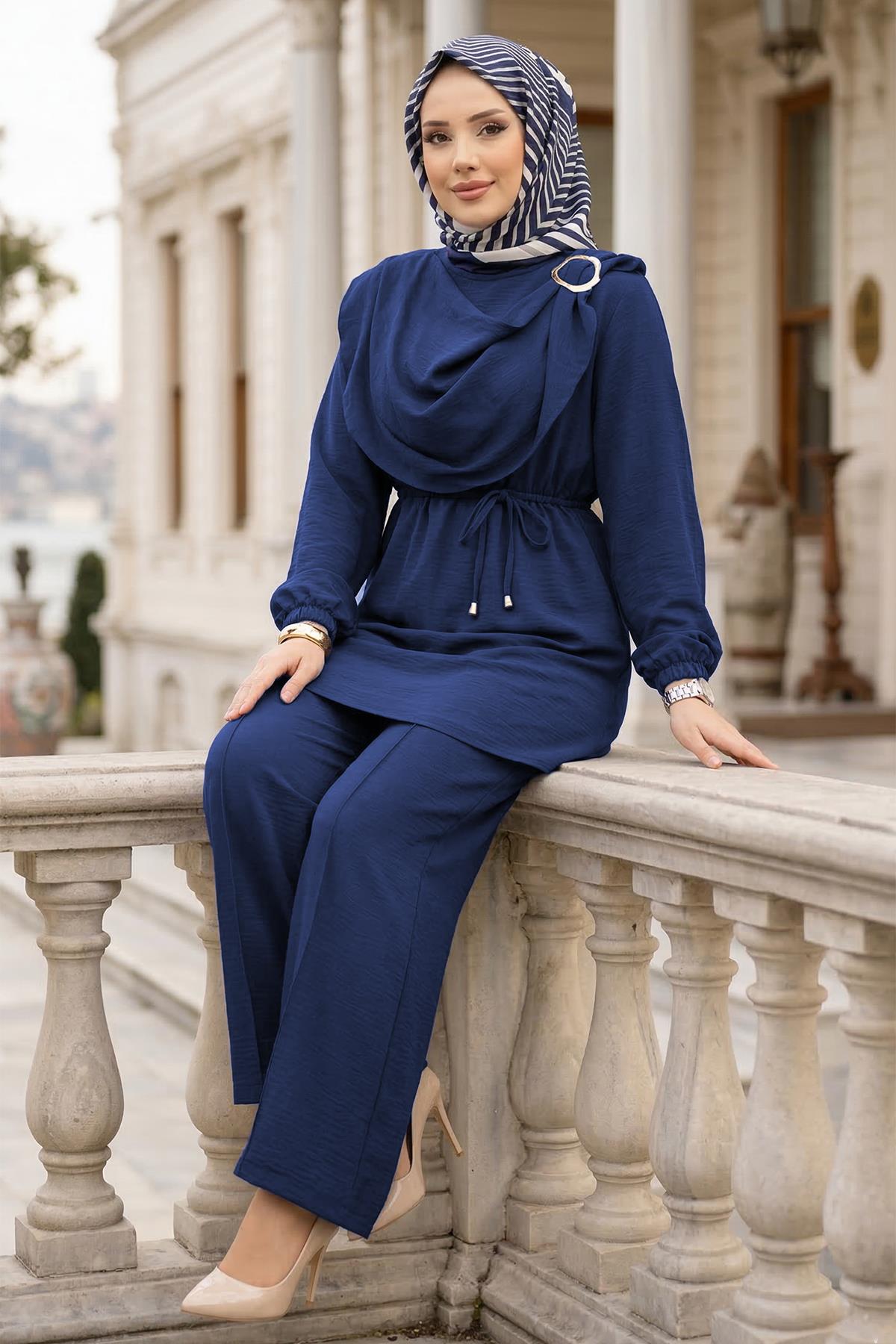 Yandan Tokalı Pantolonlu Ayrobin Takım İndigo HM2901