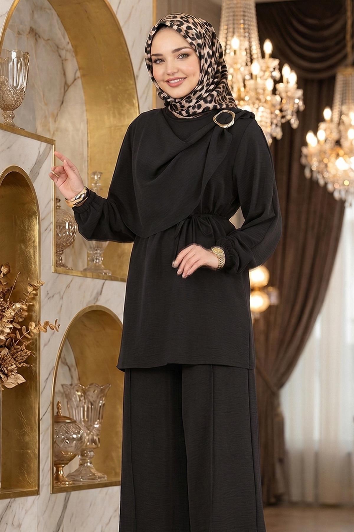 Yandan Tokalı Pantolonlu Ayrobin Takım Siyah HM2901
