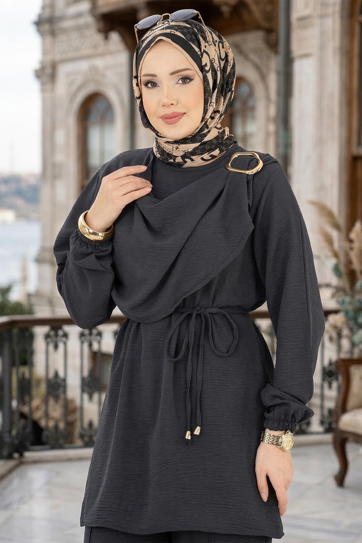 Yandan Tokalı Pantolonlu Ayrobin Takım Antrasit HM2901