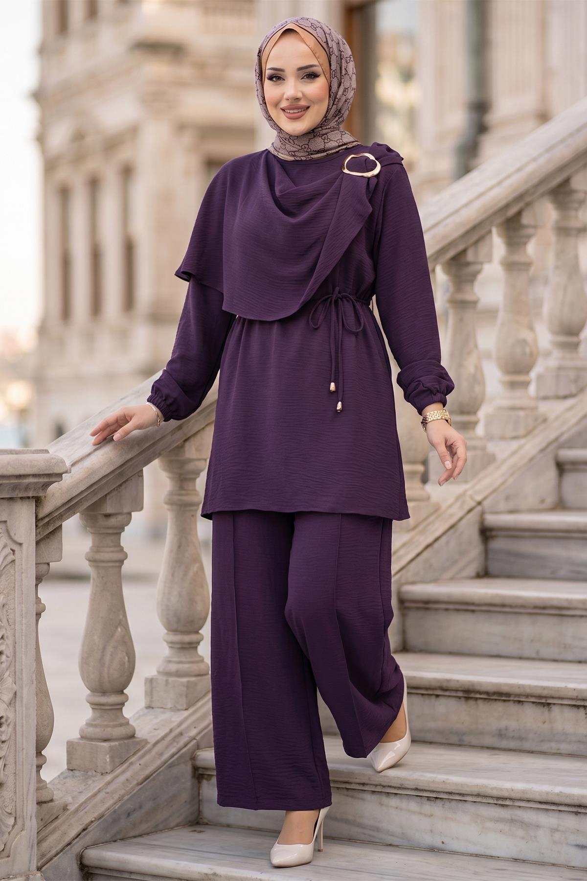 Yandan Tokalı Pantolonlu Ayrobin Takım Mürdüm HM2901
