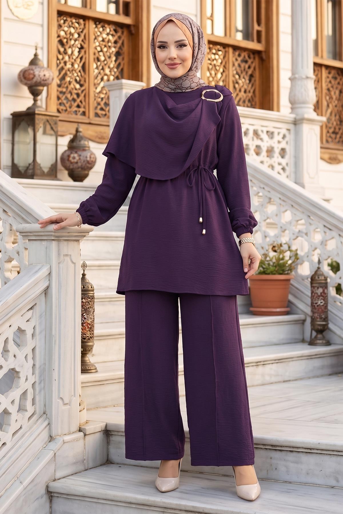 Yandan Tokalı Pantolonlu Ayrobin Takım Mürdüm HM2901