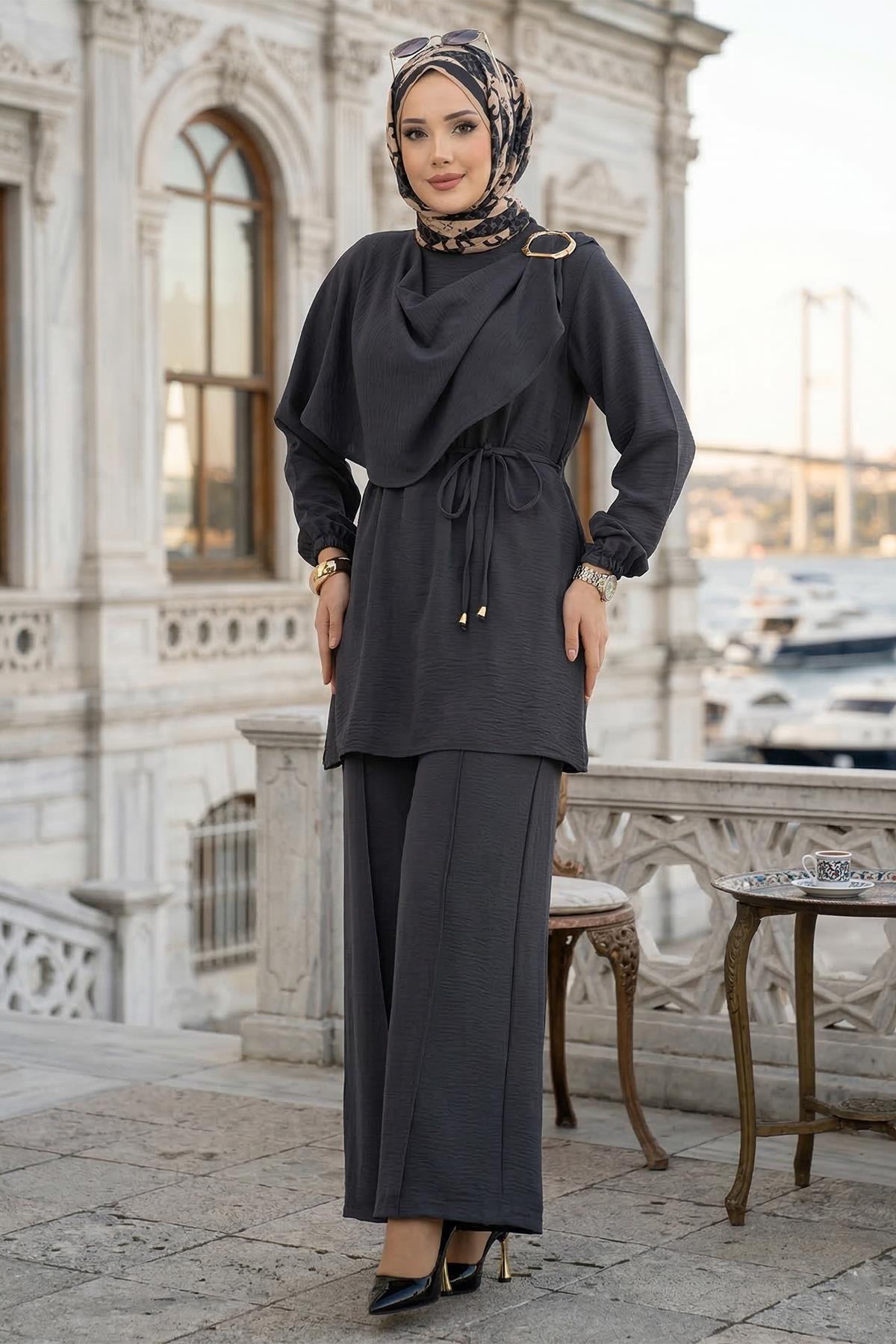 Yandan Tokalı Pantolonlu Ayrobin Takım Antrasit HM2901