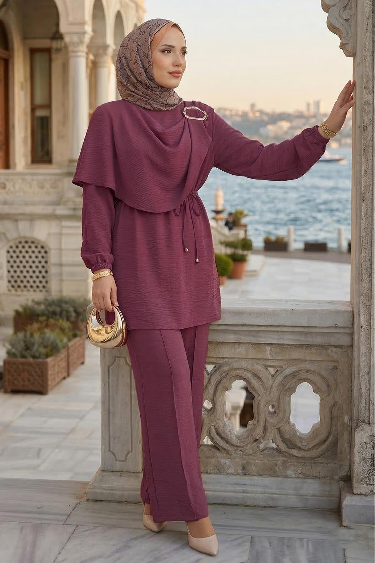 Yandan Tokalı Pantolonlu Ayrobin Takım Gül Kurusu HM2901