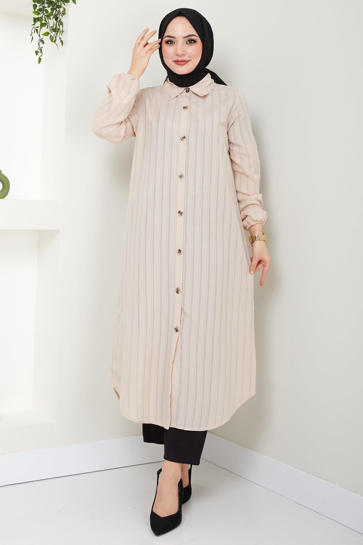 Yazlık Uzun Pamuklu Tunik Krem HM2109