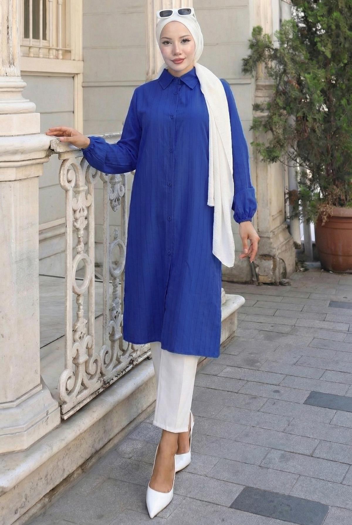 Yazlık Uzun Pamuklu Tunik Saks Mavisi HM2109