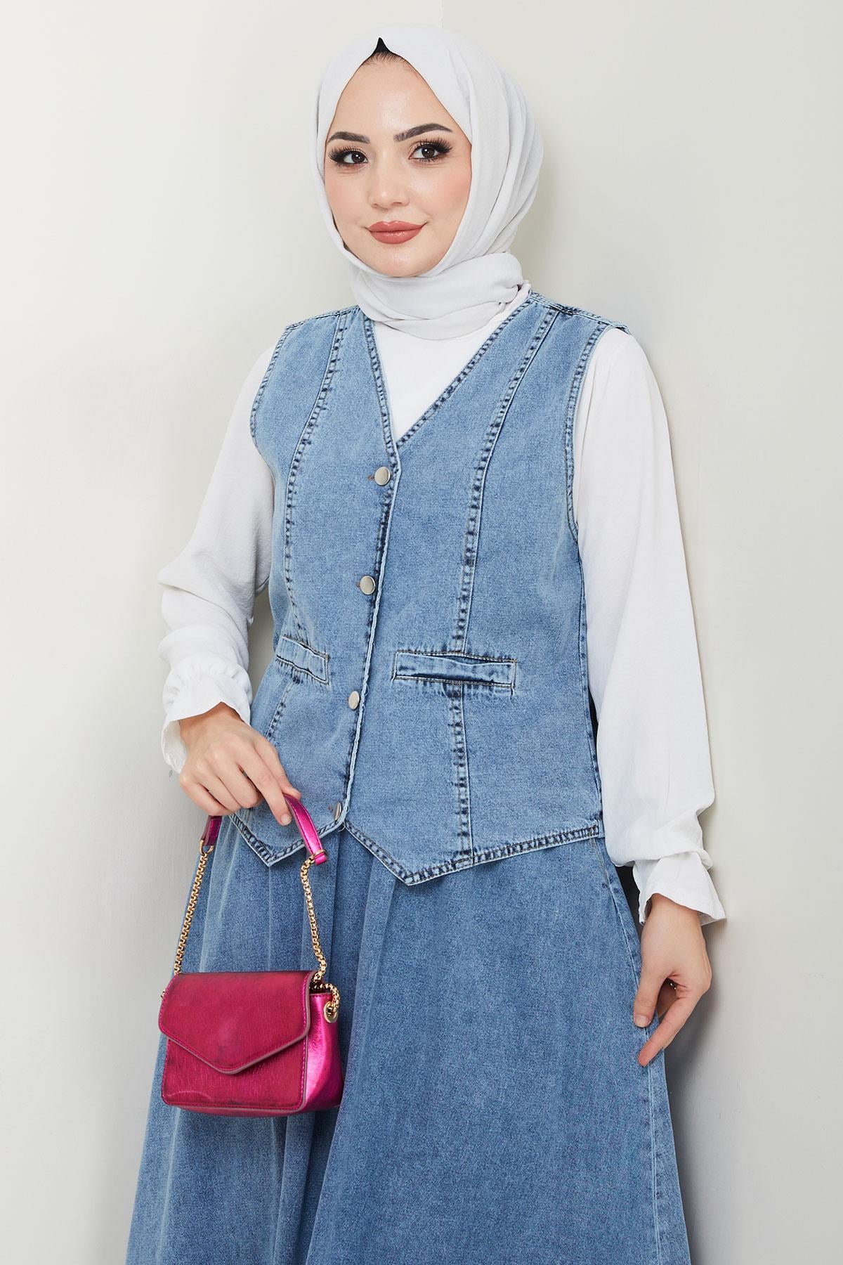 Yelekli Kot Etek Takım Mavi HM2675