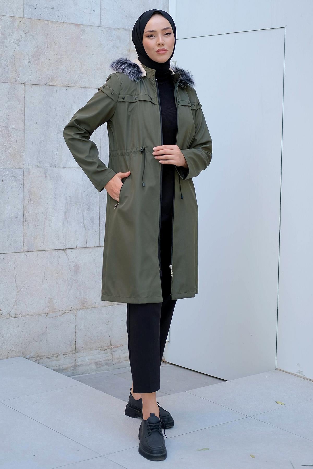 Yıldızlı İçi Kürklü Mont Haki HM2288
