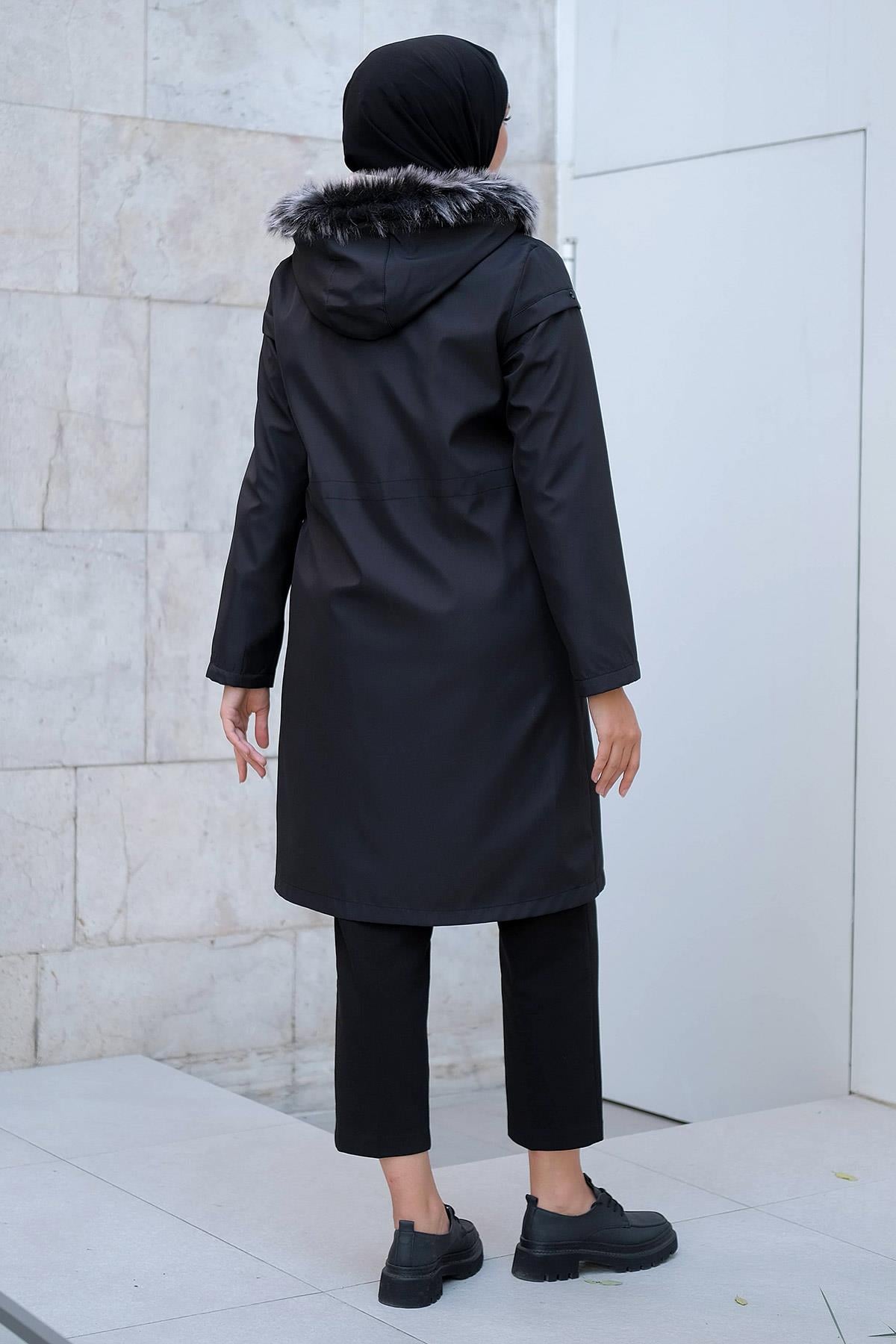 Yıldızlı İçi Kürklü Mont Siyah HM2288