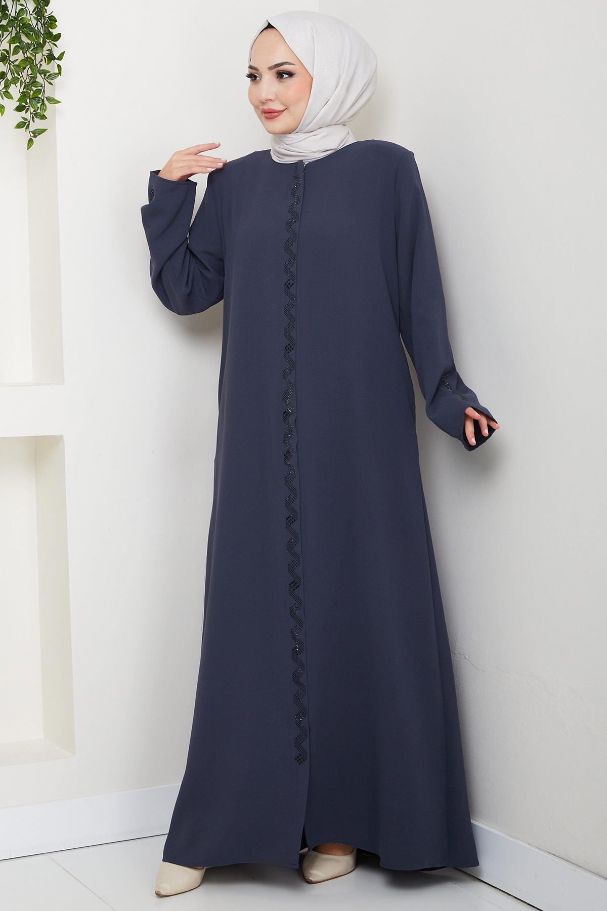 Zikzak Taşlı Ferace Füme HM2848