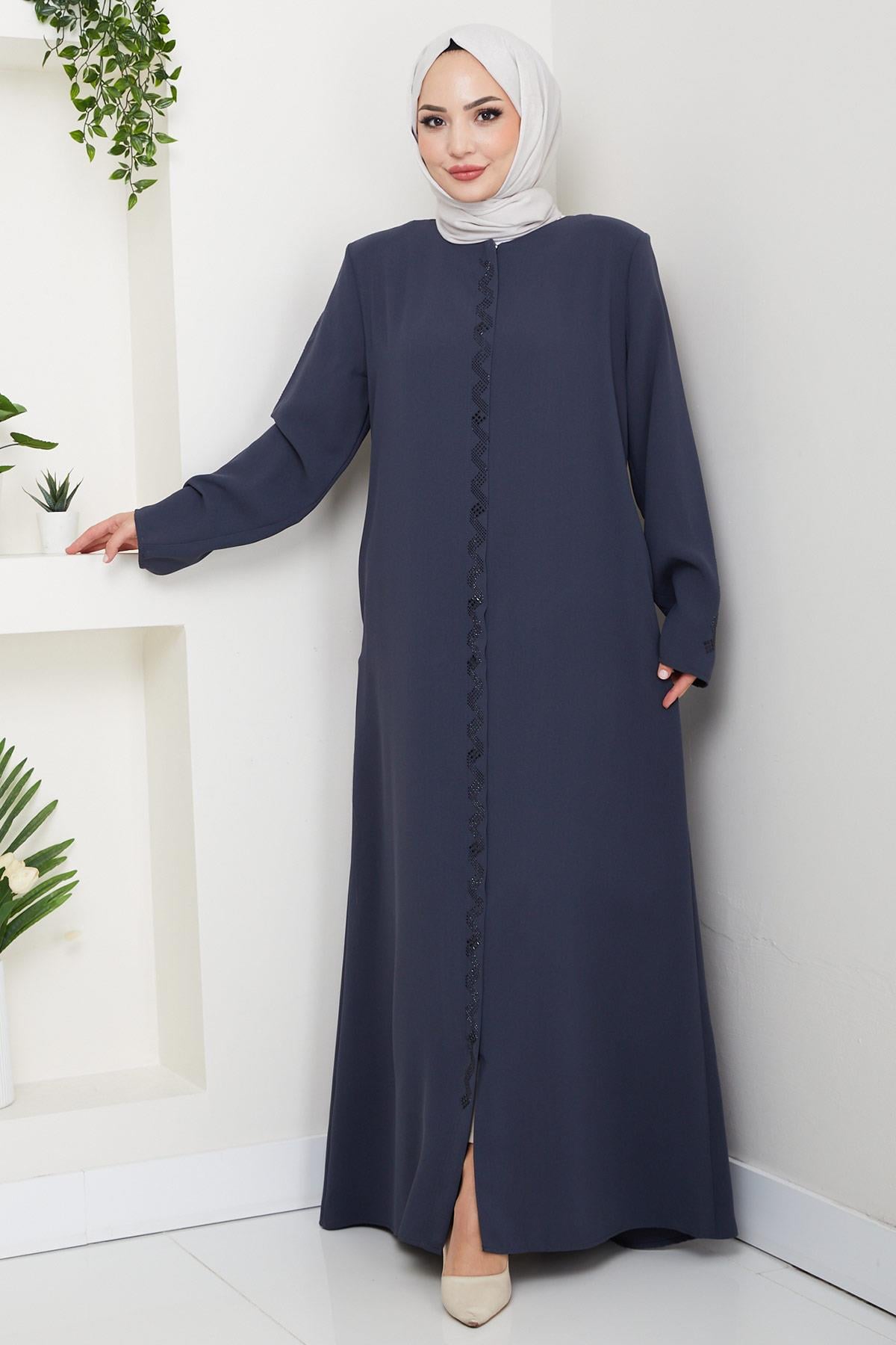 Zikzak Taşlı Ferace Füme HM2848