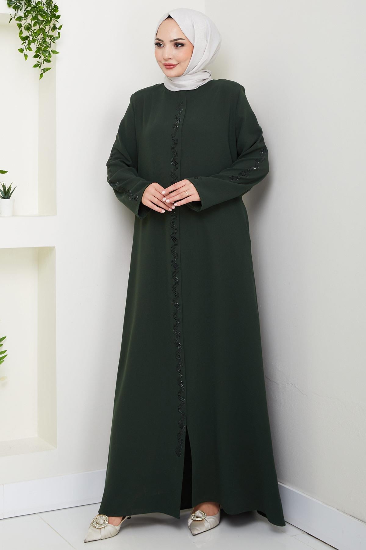 Zikzak Taşlı Ferace Haki HM2848