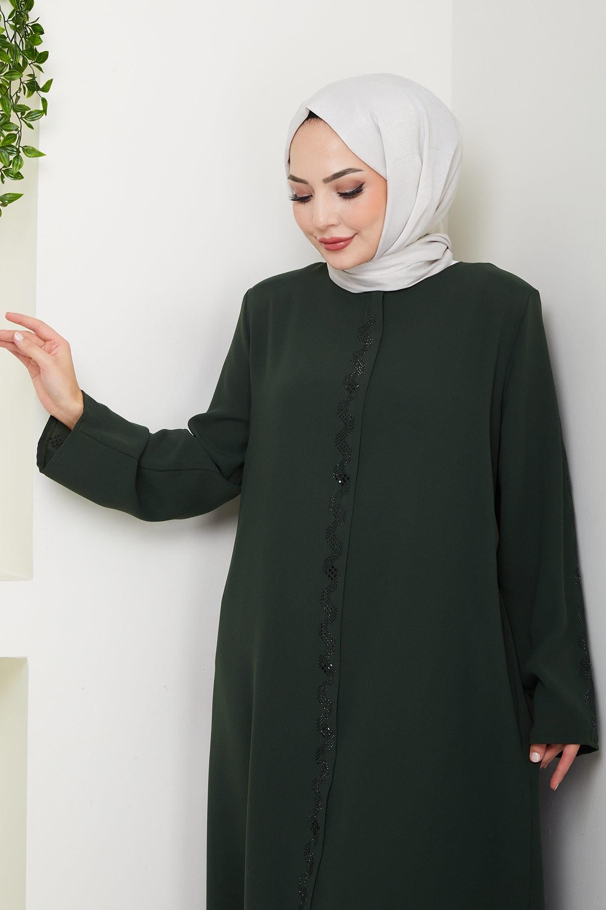 Zikzak Taşlı Ferace Haki HM2848