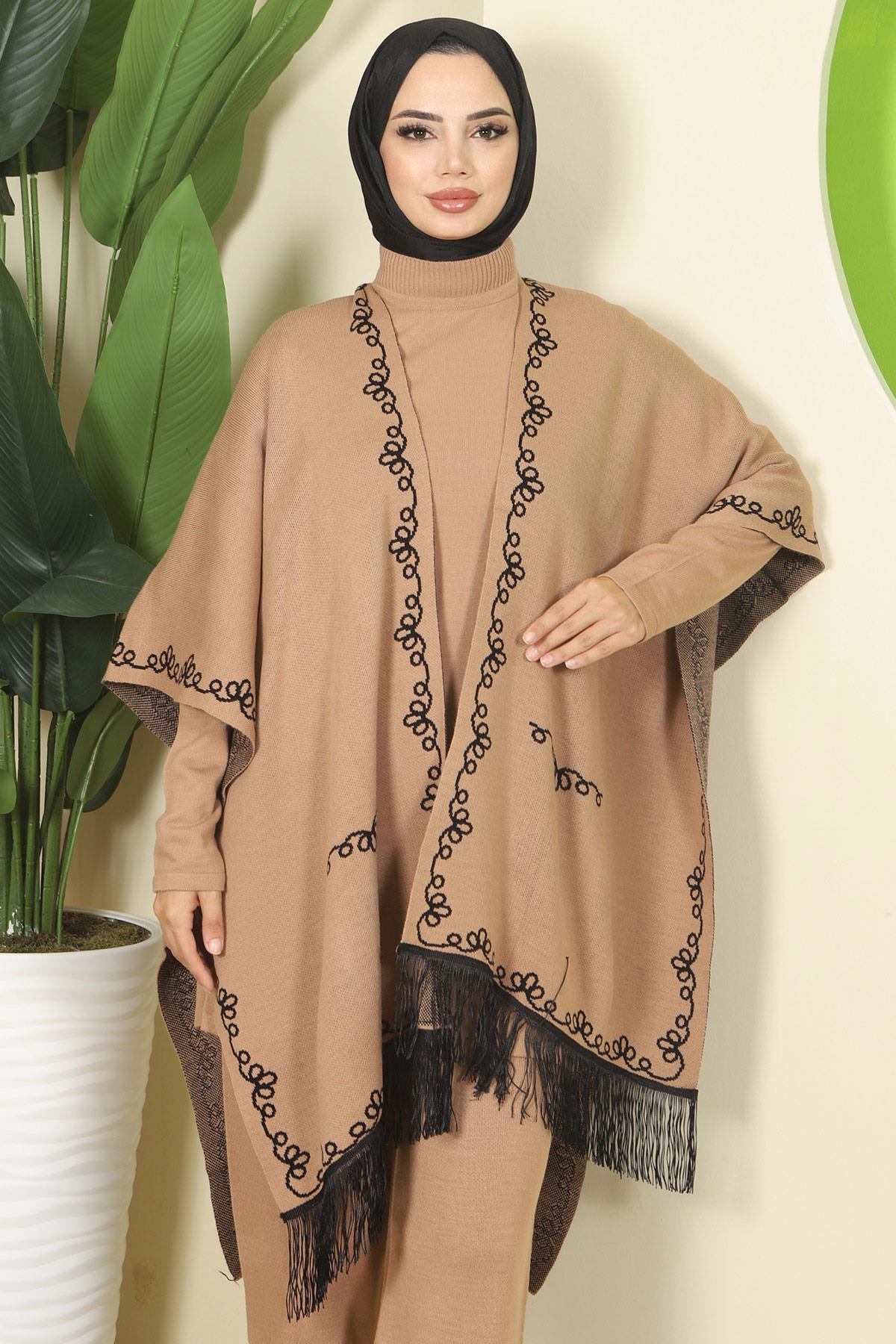 Zincir Desen Pançolu Üçlü Triko Takım Camel HM2815