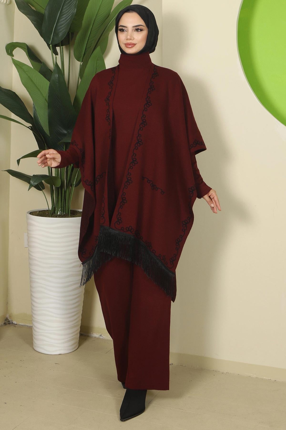 Zincir Desen Pançolu Üçlü Triko Takım Bordo HM2815