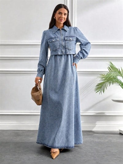 2Li Kot Takım Elbise – Kısa Ceketli Denim Tesettür Elbise