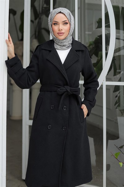 Apolet Detaylı Kaşe Kaban Siyah