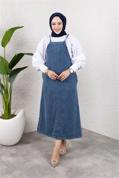 Askılı Denim Uzun Elbise | Rahat Kalıp Tesettür Uyumlu