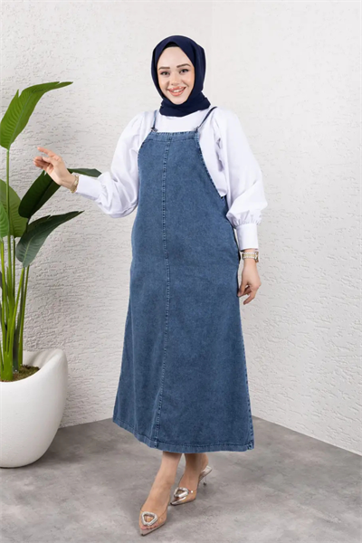 Askılı Denim Uzun Elbise | Rahat Kalıp Tesettür Uyumlu
