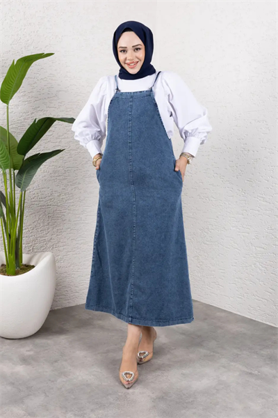 Askılı Denim Uzun Elbise | Rahat Kalıp Tesettür Uyumlu