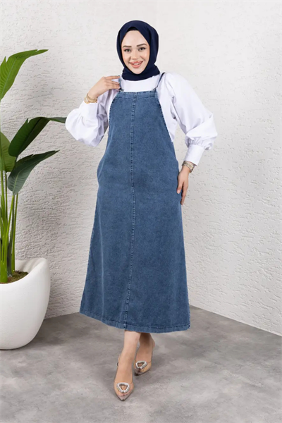 Askılı Denim Uzun Elbise | Rahat Kalıp Tesettür Uyumlu