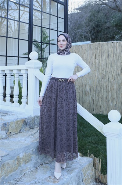 Astarlı Kemerli Çiçek Desenli Tül Etek Kahve  HNT1007