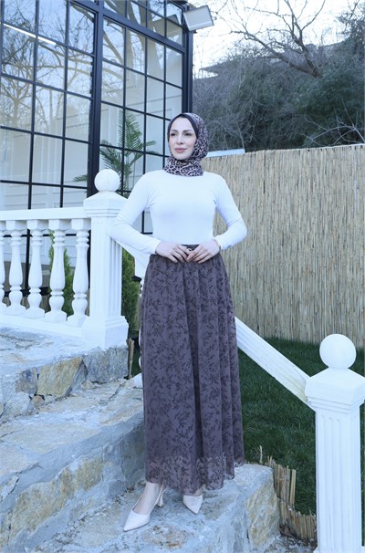 Astarlı Kemerli Çiçek Desenli Tül Etek Kahve  HNT1007
