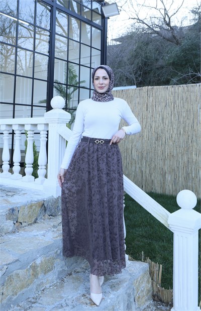 Astarlı Kemerli Çiçek Desenli Tül Etek Kahve  HNT1007