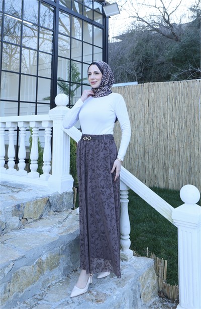 Astarlı Kemerli Çiçek Desenli Tül Etek Kahve  HNT1007