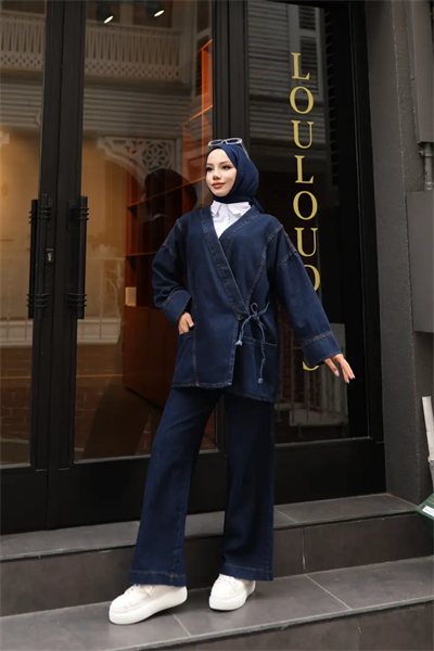 Bağlamalı Denim İkili Takım | Rahat Kesim Kot Kombin | Tesettür Uyumlu
