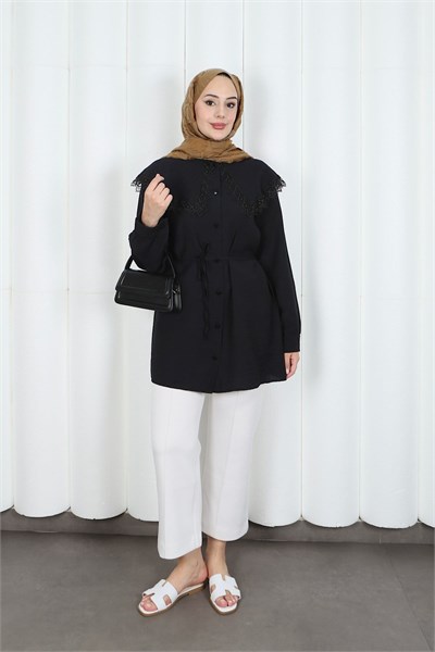 Bebe Yaka Dantel Detaylı Bağcıklı Tunik HNT2133 Siyah