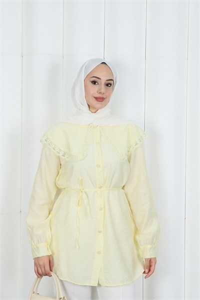 Bebe Yaka Dantel Detaylı Bağcıklı Tunik HNT2133 Sarı