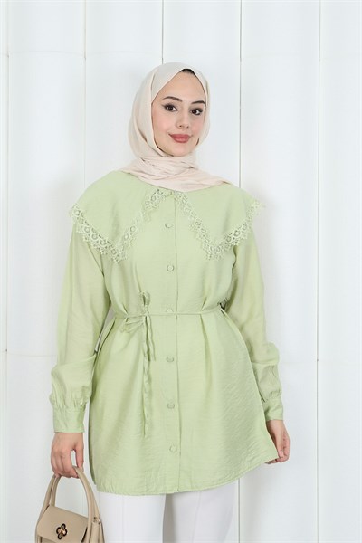 Bebe Yaka Dantel Detaylı Bağcıklı Tunik HNT2133 Yağ Yeşili