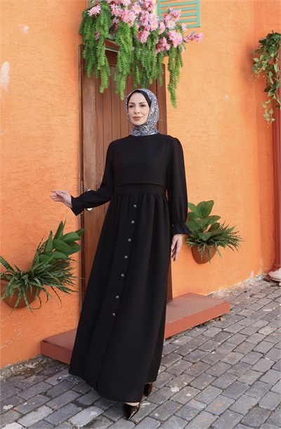 Belden Büzgülü Ön Düğme Detaylı Tesettür Elbise Siyah HNT8560