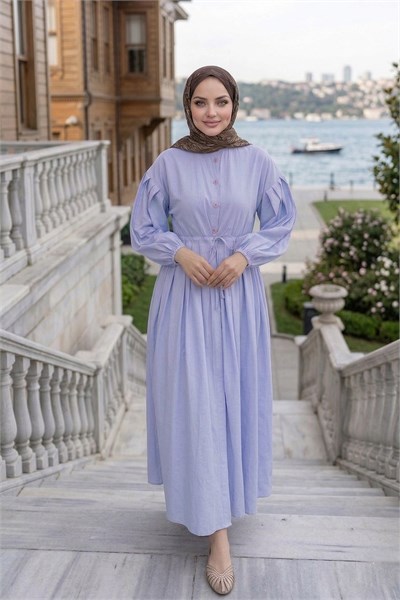 Belden Piliseli Bağcıklı Düğme Detaylı Elbise Bebe Mavisi   HNT0310