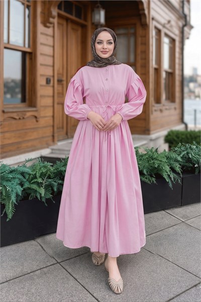 Belden Piliseli Bağcıklı Düğme Detaylı Elbise Pembe   HNT0310