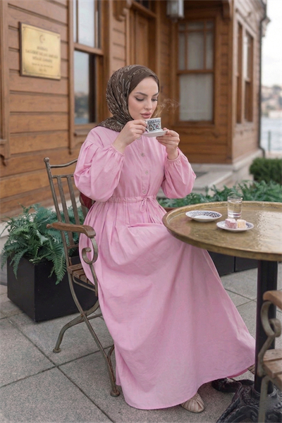 Belden Piliseli Bağcıklı Düğme Detaylı Elbise Pembe   HNT0310